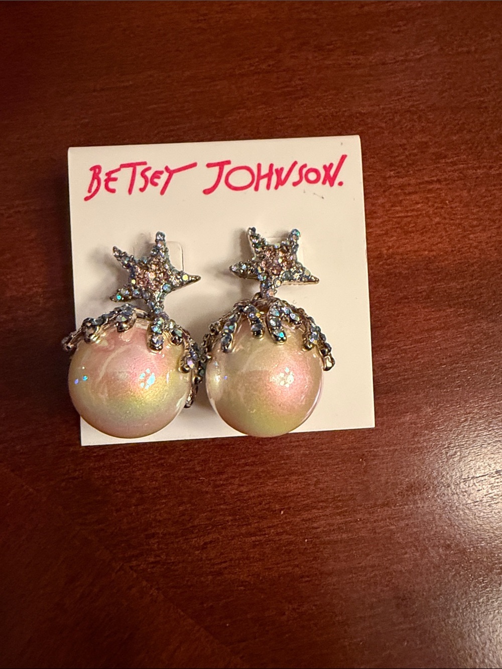 Betsey Johnson Iridescent Pearl Drop Earrings with Rhinestone Starburst